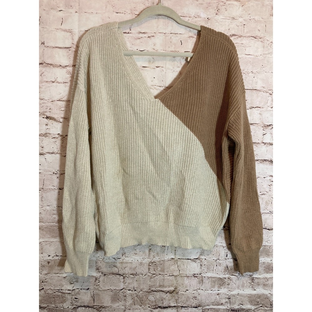 Elan Sweater Womens Large Neutral Two Tone Beige Twisted Cross Back Lagom Knit